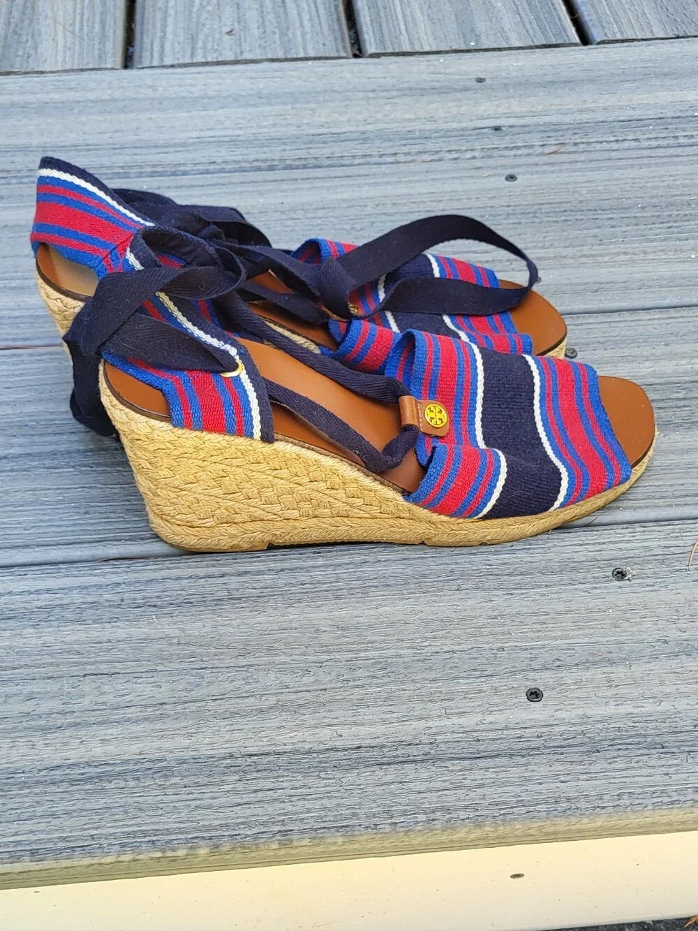Tory Burch Stripe Wedge Espadrille Ribbon Tie Sandal